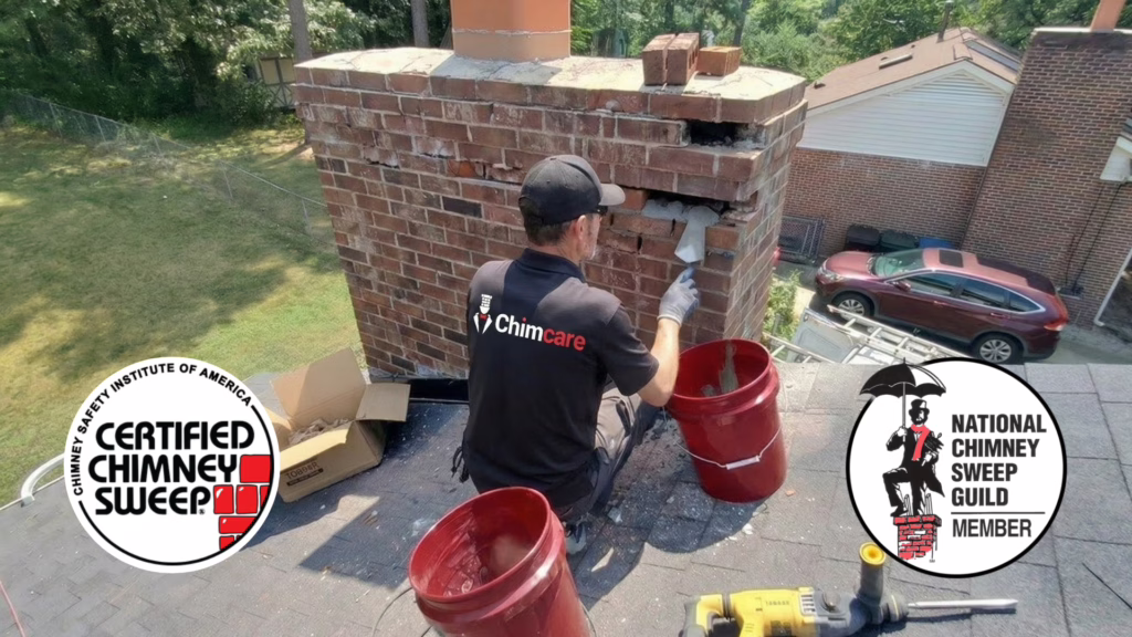 Two chimney technicians in safety helmets and harnesses repairing a brick chimney on a rooftop scaffold with mortar, tools, and surrounding neighborhood homes in view.