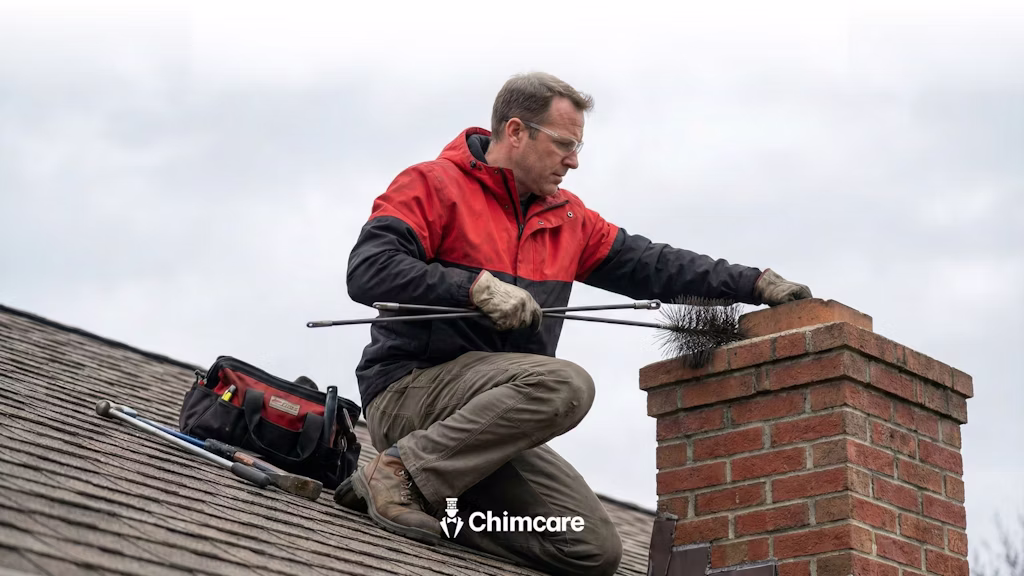 Technician cleaning a brick chimney on a rooftop with a chimney brush and tools, wearing a red-and-black work jacket and gloves.
