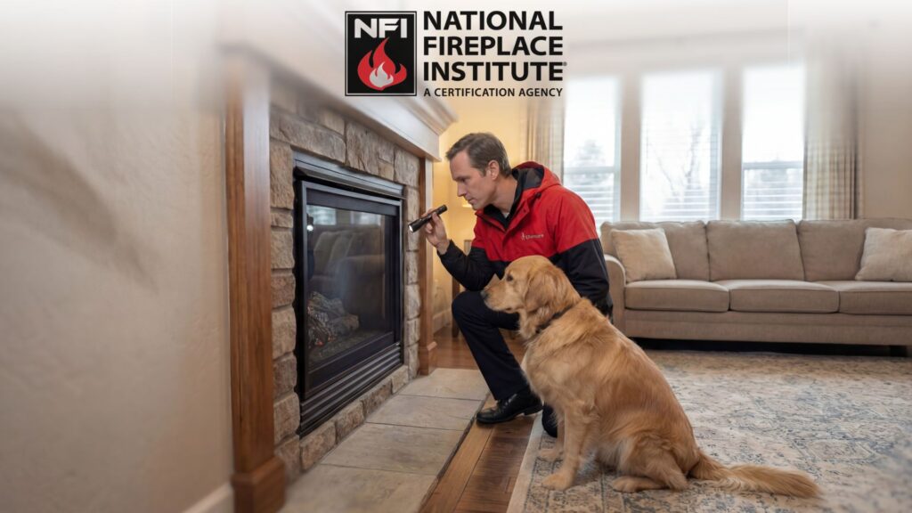 Technician inspecting a gas fireplace in a living room while holding a flashlight, with a golden retriever sitting beside him near a stone fireplace surround.